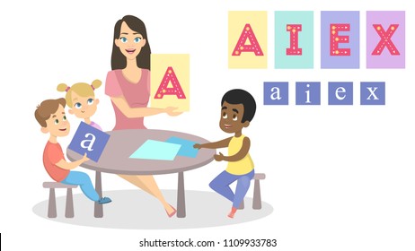 Alphabet studying with teacher. Children sitting with letters on white.