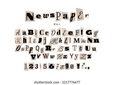Alphabet in the style of anonymous messages. Letters cut out of a newspaper on a white sheet of paper.