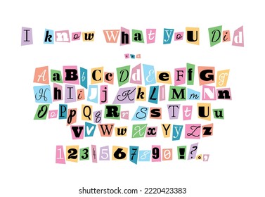 Alphabet in the style of anonymous messages. Letters cut out of a newspaper or magazine on a white sheet of paper.
