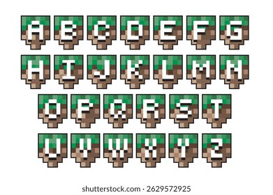Alfabeto no estilo de um jogo de computador. Faixa para inscrições e parabéns. Plano de fundo e capa do texto. Modelo pronto em estilo de 8 bits