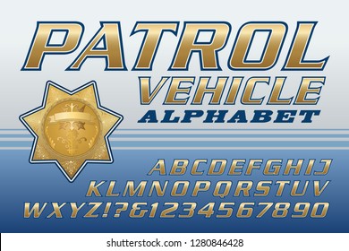 An alphabet in the style of police or security patrol car decals.