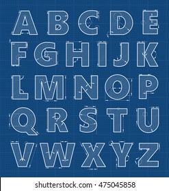 Alphabet in style of a technical drawing on a blue background. A set of letters with hatched lines and sized diameters. Vector illustration