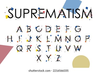 Alfabeto "SUPREMATISMO" compuesto de formas geométricas simples, en estilo suprematismo, inspirado en pinturas de Kazimir Malevich y Wassily Kandinsky