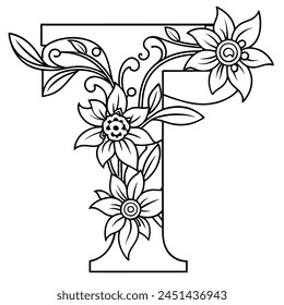 Alphabet T coloring page with the flower, T letter digital outline floral coloring page, ABC coloring page