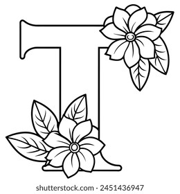 Alphabet T coloring page with the flower, T letter digital outline floral coloring page, ABC coloring page