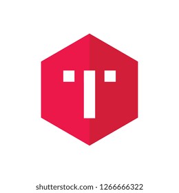 Alphabet T Icon, Red Hexagonal Shape Icon Concept, Flat Design