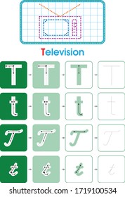 Alfabeto T conjunto de cartas de aprendizaje práctica con televisión para los niños hoja de cálculo escribir fondo aislado. Ilustración del vector