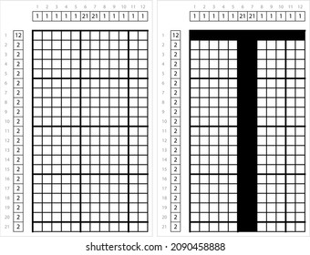 Alphabet T Nonogram Pixel Art, Character T, Language Letter Graphemes Symbol Vector Art Illustration, Logic Puzzle Game Griddlers, Pic-A-Pix, Picture Paint By Numbers, Picross