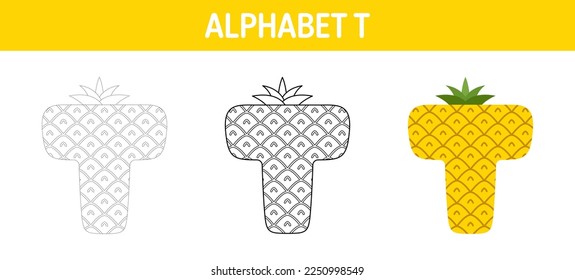 Hoja de cálculo de seguimiento y coloreado de alfabeto T para niños