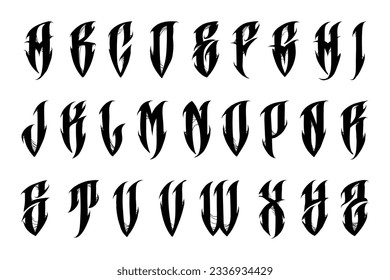 Alphabet in the tattoo gothic style. Trendy letters in Goth style. Illustration isolated on white background. Vector EPS 10