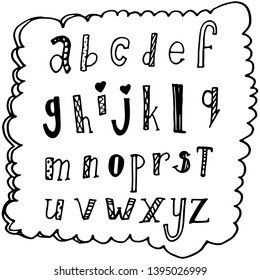 alphabet text sign print fashion callirpaphy lettering , alphabet hand written brush custom unique drawing . doodle concept black isolated on white