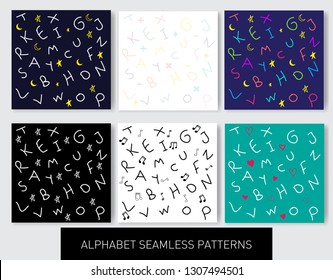alphabet textile pattern, decorated with different color background and moon, stars and musical notes