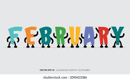 An alphabet that says February with colorful designs and characters.