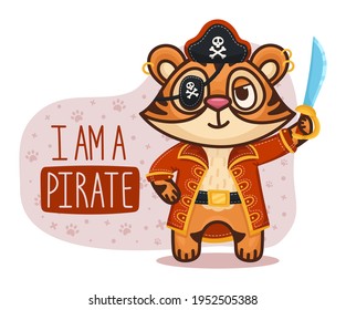 Alphabet with Tiger pirate cartoon character. Letter A. Vector illustration for children products.