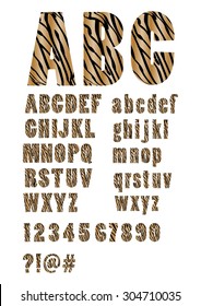 Alphabet with tiger skin texture. Alphabet  uppercase letters, alphabet lowercase letters. Numbers in tiger skin texture. Question and exclamation mark, characters at and hash. Original vector typeset
