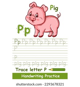 Alphabet trace letter P handwriting vocabulary practice worksheet, cute little pig. Children writing education task. Baby piglet swine farm animal character. Learning ABC English. Kid book page vector