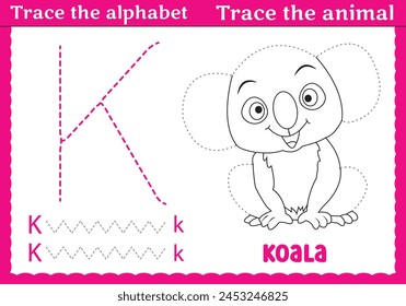 Alphabet tracing animal koala Trace and color practice for kindergarten kids 