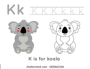Alphabet tracing and coloring worksheet. A-Z writing pages. Letter K uppercase and lowercase tracing with cartoon koala illustration. Handwriting exercise for kids. Printable worksheet.  