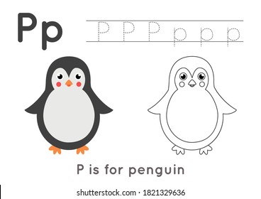 Alphabet tracing and coloring worksheet. A-Z writing pages. Letter P uppercase and lowercase tracing with cartoon penguin illustration. Handwriting exercise for kids. Printable worksheet.  
