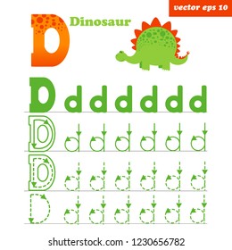 Alphabet tracing letter D worksheet for preschool kids to improove writing skills. Educational game with funny flat style dinosaur. Element for book illustration, study programms, posters and memo car