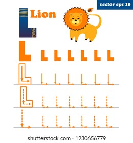 Alphabet tracing letter L worksheet for preschool kids to improove writing skills. Educational game with funny flat style lion. Element for book illustration, study programms, posters and memo cards. 