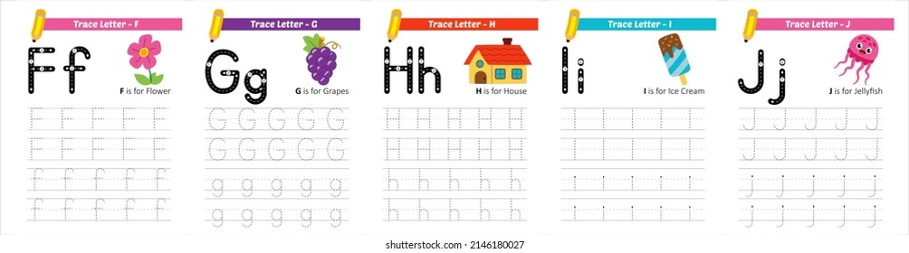 alphabet tracing, from the letters f to j