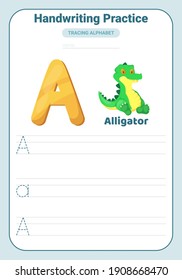Alphabet tracing practice Letter A. Tracing practice worksheet. Learning alphabet activity page. Printable template. Uppercase and lowercase ABC trace practice worksheet. Learning English handwriting