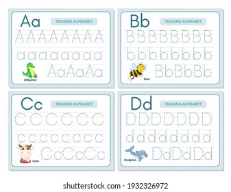 Alphabet tracing practice Letter A, B, C, D. Tracing practice worksheet. Learning alphabet activity page. Printable template. Uppercase lowercase trace practice worksheet. Learning English handwriting