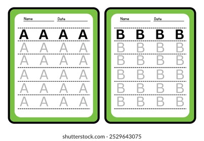 Práctica de trazado de alfabeto Letra A. y B. Hoja de trabajo de práctica de trazado. Página de actividad del alfabeto de aprendizaje. Plantilla imprimible. Hoja de trabajo de práctica de seguimiento de mayúsculas. Aprender inglés a mano