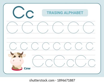 Alphabet tracing practice Letter C. Tracing practice worksheet. Learning alphabet activity page. Printable template. Uppercase and lowercase ABC trace practice worksheet. Learning English handwriting