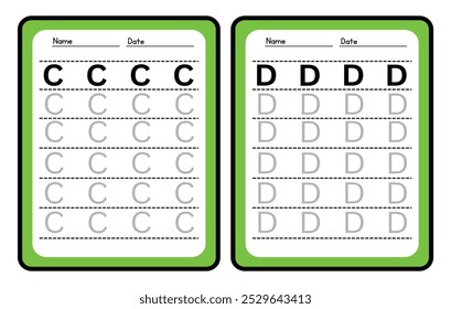 Práctica de trazado de alfabeto Letra C. y D. Hoja de trabajo de práctica de trazado. Página de actividad del alfabeto de aprendizaje. Plantilla imprimible. Hoja de trabajo de práctica de seguimiento de mayúsculas. Aprender inglés a mano