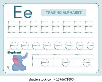 Alphabet tracing practice Letter E. Tracing practice worksheet. Learning alphabet activity page. Printable template. Uppercase and lowercase ABC trace practice worksheet. Learning English handwriting