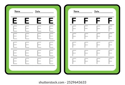 Práctica de trazado de alfabeto Letra E. y F. Hoja de trabajo de práctica de trazado. Página de actividad del alfabeto de aprendizaje. Plantilla imprimible. Hoja de trabajo de práctica de seguimiento de mayúsculas. Aprender inglés a mano