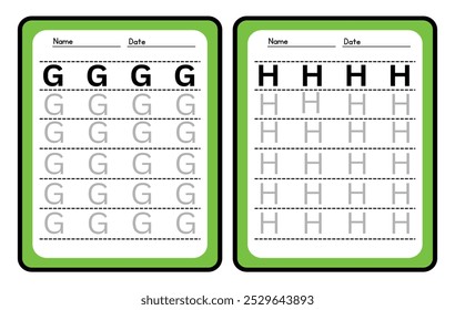 Práctica de trazado de alfabeto Letra G. y H. Hoja de trabajo de práctica de trazado. Página de actividad del alfabeto de aprendizaje. Plantilla imprimible. Hoja de trabajo de práctica de seguimiento de mayúsculas. Aprender inglés a mano
