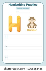 Alphabet tracing practice Letter H. Tracing practice worksheet. Learning alphabet activity page. Printable template. Uppercase and lowercase ABC trace practice worksheet. Learning English handwriting