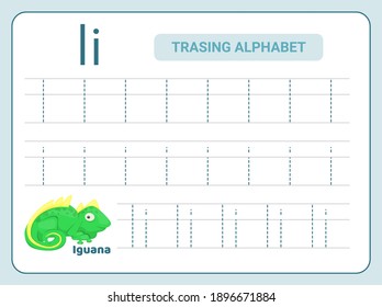 Alphabet tracing practice Letter I. Tracing practice worksheet. Learning alphabet activity page. Printable template. Uppercase and lowercase ABC trace practice worksheet. Learning English handwriting