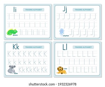 Alphabet Tracing Practice Letter I, J, K, L. Tracing Practice Worksheet. Learning Alphabet Activity Page. Printable Template. Uppercase Lowercase Trace Practice Worksheet. Learning English Handwriting
