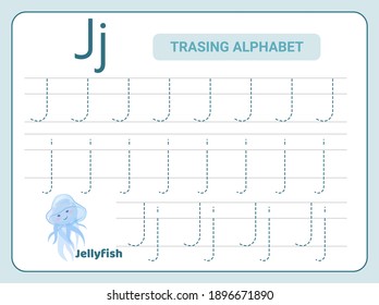 Alphabet tracing practice Letter J. Tracing practice worksheet. Learning alphabet activity page. Printable template. Uppercase and lowercase ABC trace practice worksheet. Learning English handwriting