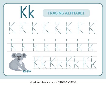 Alphabet tracing practice Letter K. Tracing practice worksheet. Learning alphabet activity page. Printable template. Uppercase and lowercase ABC trace practice worksheet. Learning English handwriting