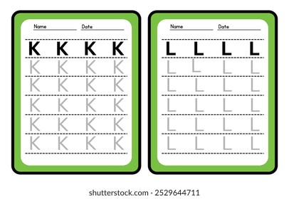 Práctica de trazado de alfabeto Letra K. y L. Hoja de trabajo de práctica de trazado. Página de actividad del alfabeto de aprendizaje. Plantilla imprimible. Hoja de trabajo de práctica de seguimiento de mayúsculas. Aprender inglés a mano