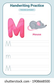 Alphabet tracing practice Letter M. Tracing practice worksheet. Learning alphabet activity page. Printable template. Uppercase and lowercase ABC trace practice worksheet. Learning English handwriting