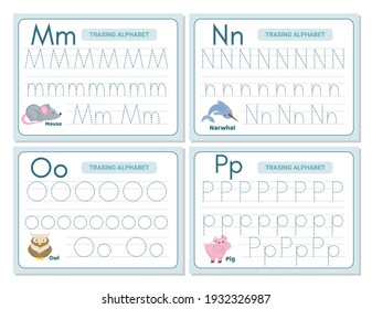 Alphabet tracing practice Letter M, N, N, O. Tracing practice worksheet. Learning alphabet activity page. Printable template. Uppercase lowercase trace practice worksheet. Learning English handwriting