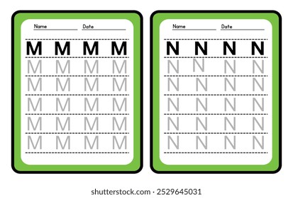 Práctica de trazado de alfabeto Letra M. y N. Hoja de trabajo de práctica de trazado. Página de actividad del alfabeto de aprendizaje. Plantilla imprimible. Hoja de trabajo de práctica de seguimiento de mayúsculas. Aprender inglés a mano