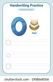Alphabet tracing practice Letter O. Tracing practice worksheet. Learning alphabet activity page. Printable template. Uppercase and lowercase ABC trace practice worksheet. Learning English handwriting