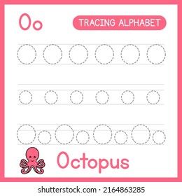 Alphabet tracing practice Letter O. Learning alphabet activity page. ABC trace practice worksheet. Learning English handwriting
