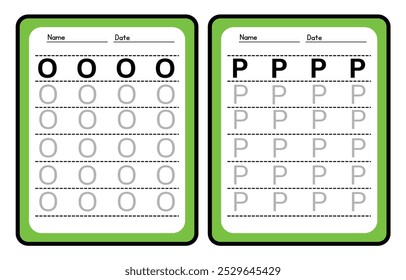 Práctica de trazado de alfabeto Letra O. y P. Hoja de trabajo de práctica de trazado. Página de actividad del alfabeto de aprendizaje. Plantilla imprimible. Hoja de trabajo de práctica de seguimiento de mayúsculas. Aprender inglés a mano