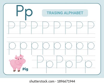 Alphabet tracing practice Letter P. Tracing practice worksheet. Learning alphabet activity page. Printable template. Uppercase and lowercase ABC trace practice worksheet. Learning English handwriting