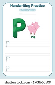 Alphabet tracing practice Letter P. Tracing practice worksheet. Learning alphabet activity page. Printable template. Uppercase and lowercase ABC trace practice worksheet. Learning English handwriting