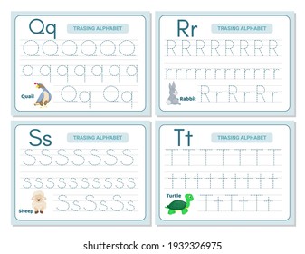 Alphabet Tracing Practice Letter Q, R, S, T. Tracing Practice Worksheet. Learning Alphabet Activity Page. Printable Template. Uppercase Lowercase Trace Practice Worksheet. Learning English Handwriting