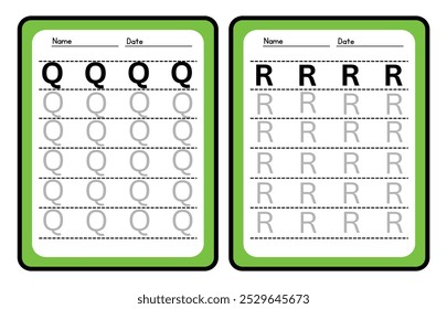 Práctica de trazado de alfabeto Letra Q. y R. Hoja de trabajo de práctica de trazado. Página de actividad del alfabeto de aprendizaje. Plantilla imprimible. Hoja de trabajo de práctica de seguimiento de mayúsculas. Aprender inglés a mano